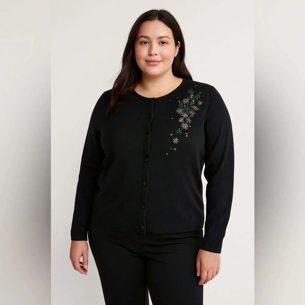 Karen Lessly Black Embellished Beaded Cardigan Sweater Women’s Plus 1